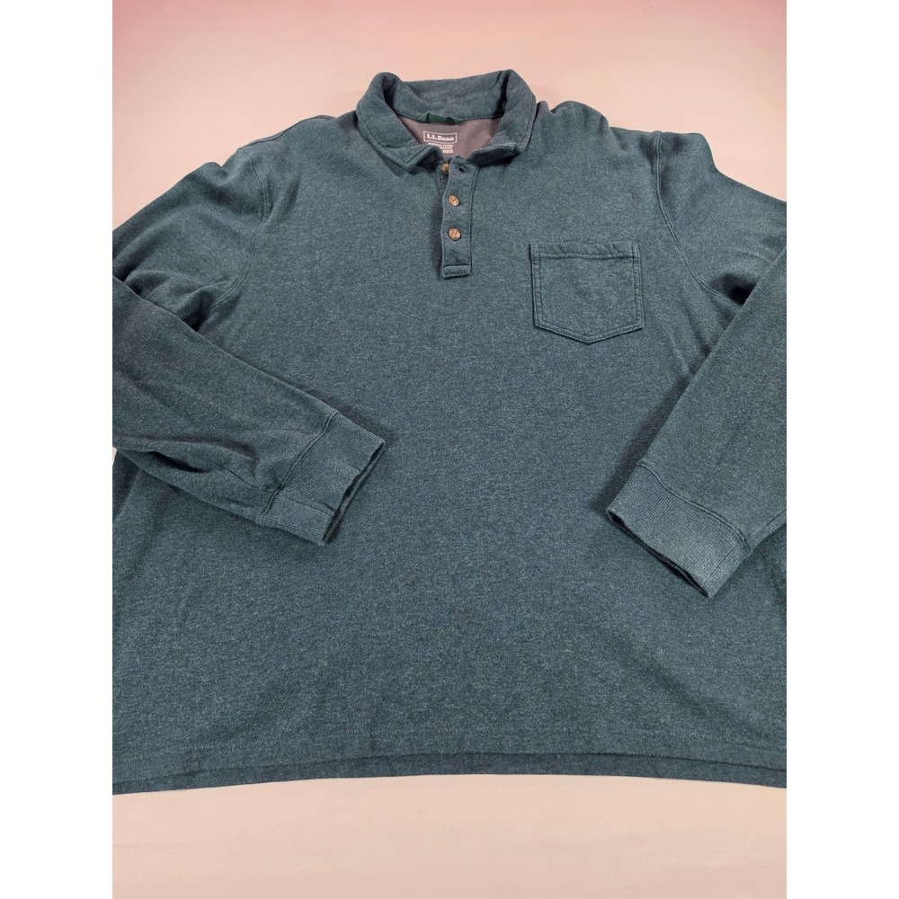 LL Bean Mens XXXL Long Sleeve Polo Shirt Teal Heathered Pocket 520383 XXXL REG